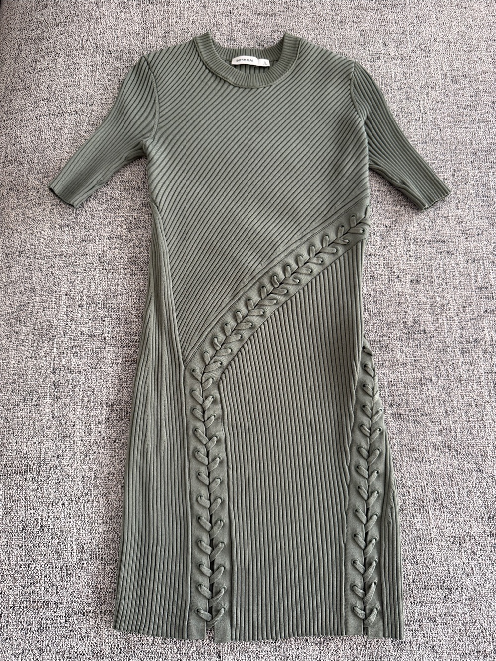 Ribbed Olive Knit Midi Dress with Braided Trim